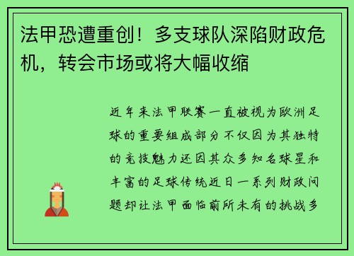法甲恐遭重创！多支球队深陷财政危机，转会市场或将大幅收缩